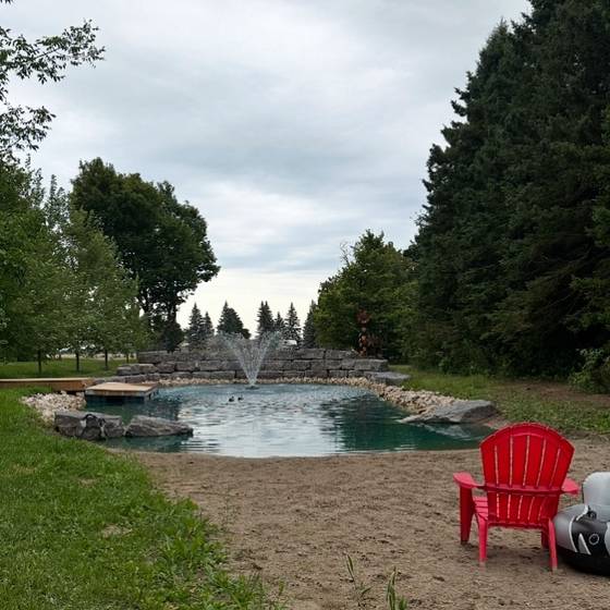 Landscaped pond with fountain